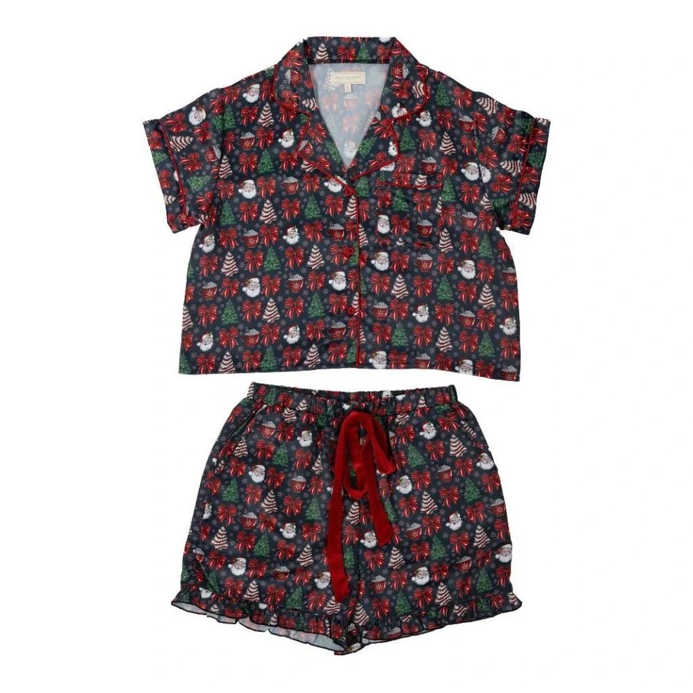 Simply Southern Christmas Pajama Set Santa Tree Ruffle Shorts Large NWT